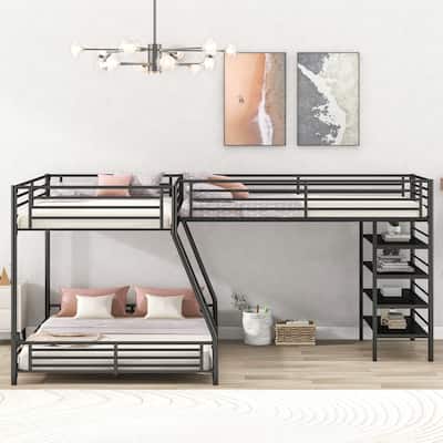 L-Shaped Metal Twin over Full Bunk Bed Built-in Shelves