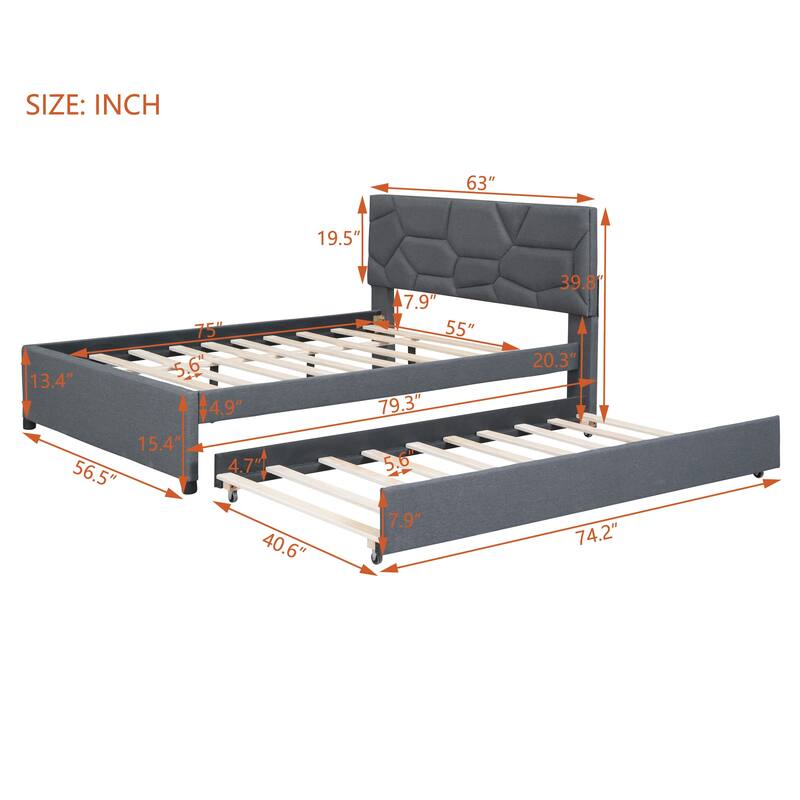 Full/Queen Size Linen Upholstered Bed with Twin Trundle and Modern Brick Pattern Headboard