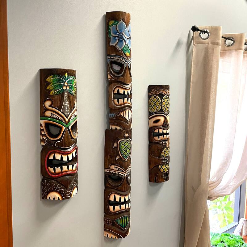 Set Of 4 Hand-Carved 20" Tiki Wall Masks Tropical Hawaiian Decor
