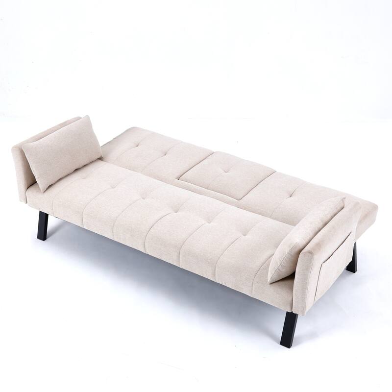 Cotton Linen Fabric Loveseat Sofa Sleeper Sofa Bed for Small Space with Center Table, Cup Holders, Pillows and Side Pockets