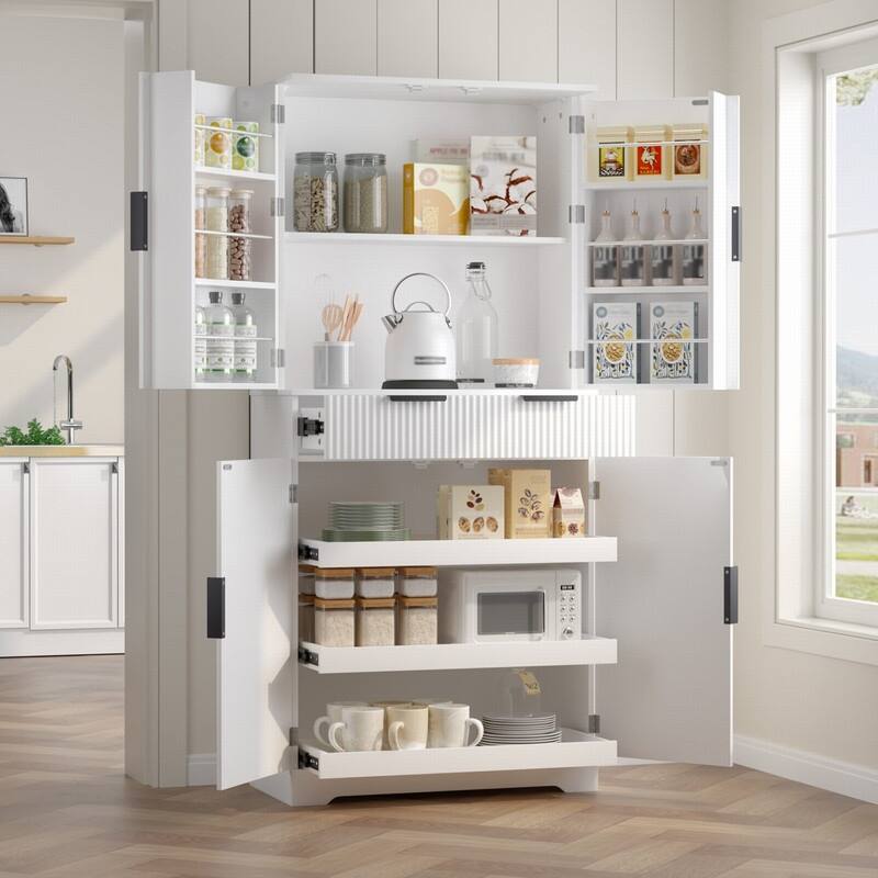72" Fluted Kitchen Pantry Cabinet, Freestanding Cupboard Storage Cabinet with Drawers and Adjustable Shelves