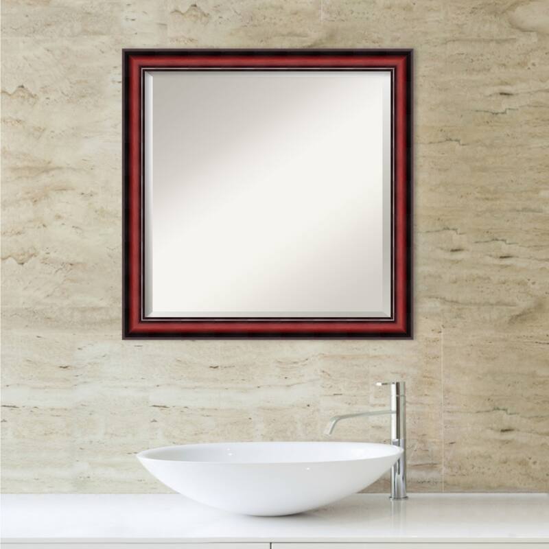 Beveled Wood Bathroom Wall Mirror - Rubino Cherry Scoop Frame - Outer Size: 23 x 23 in