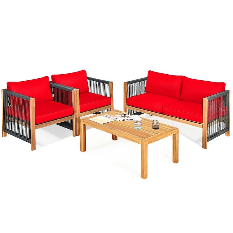 4 Pcs Acacia Wood Outdoor Patio Furniture Set with Cushions - 52" x 26" x 25" (L x W x H)