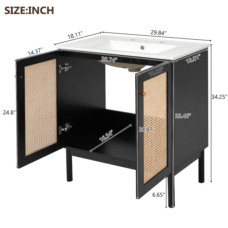 Boho Rattan Black Bathroom Vanity, Rectangular Ceramic Sink Bathroom Cabinet, 30" - 30 Inch