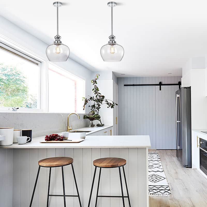 Rayli Chrome 1-Light Clear Bowl Glass Pendant Light