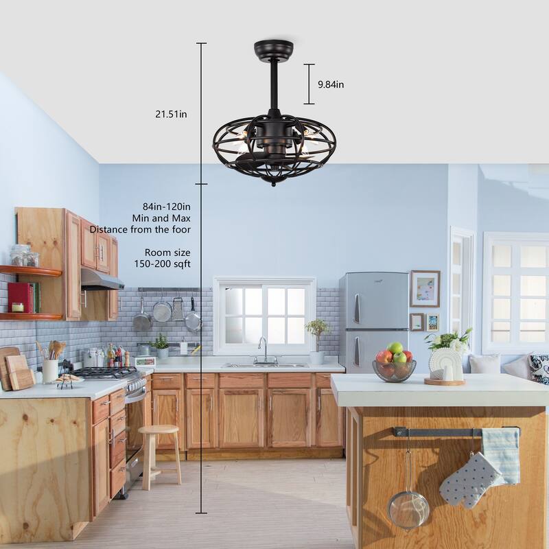 Cage Style Ceiling Fan Light with 3 Blades and Remote Control, Adjustable Fan Speed for Bedroom and Living Room