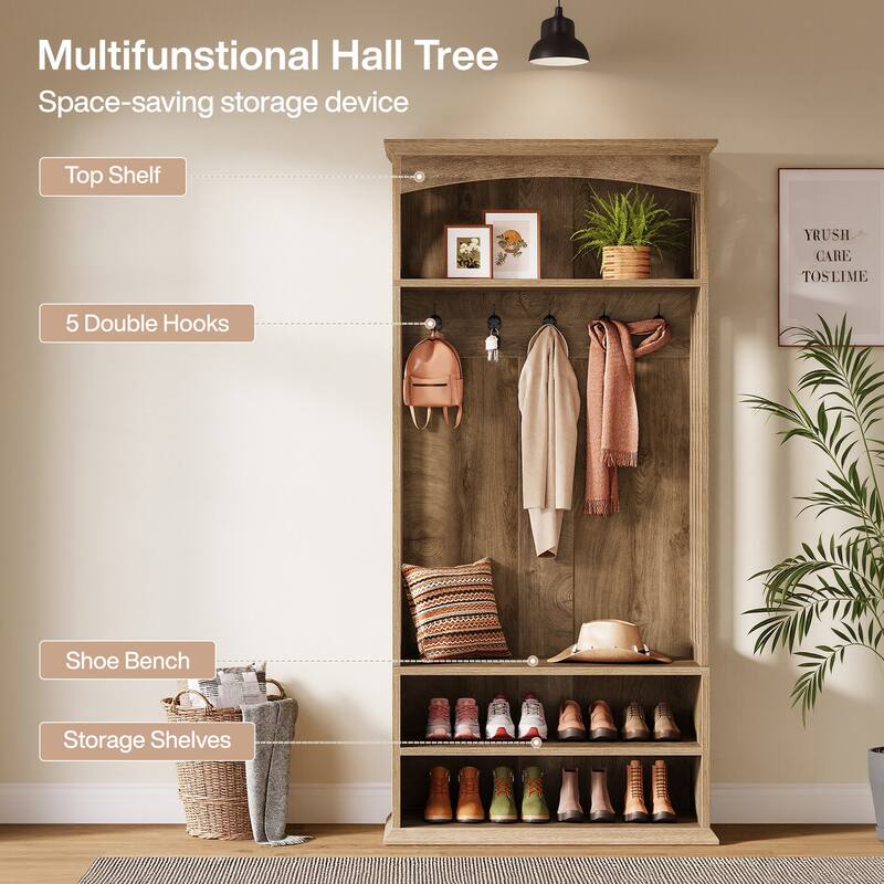 71" Coat Rack with Shoe Bench, 4-in-1 Entryway Hall Tree with 5 Hooks
