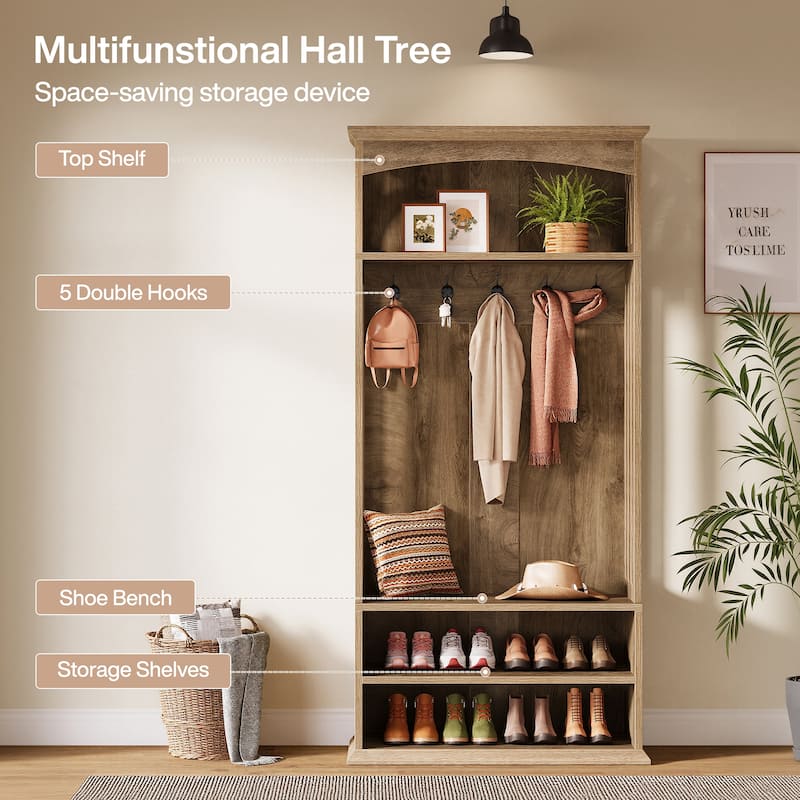 Hall Tree with Bench and Shoe Storage, 71" Coat Rack with Shoe Bench