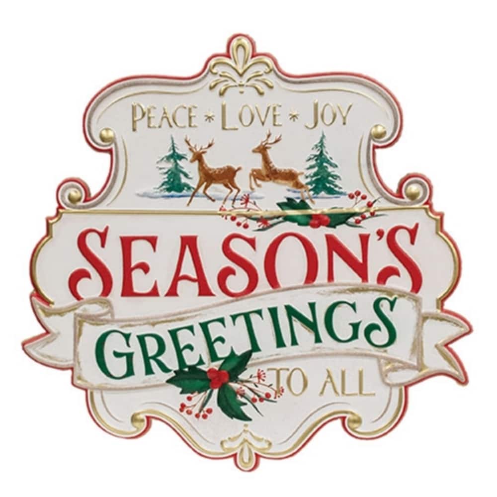 Distressed Metal Seasons Greetings to All Sign Embossed Deer Scene Vintage Christmas Wall - 15” high by 16” wide by .25” deep