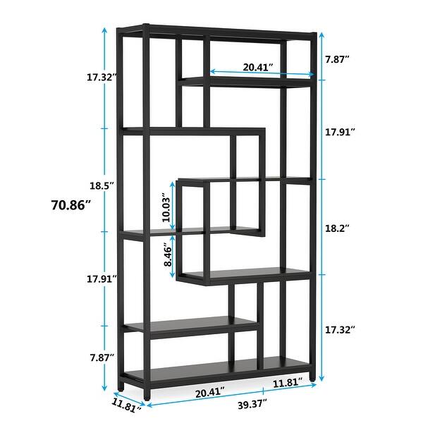 dimension image slide 3 of 4, Vintage Brown/ Black 8-Shelf Etagere Bookcase, White Modern Bookshelves with Storage, Tall Display Rack