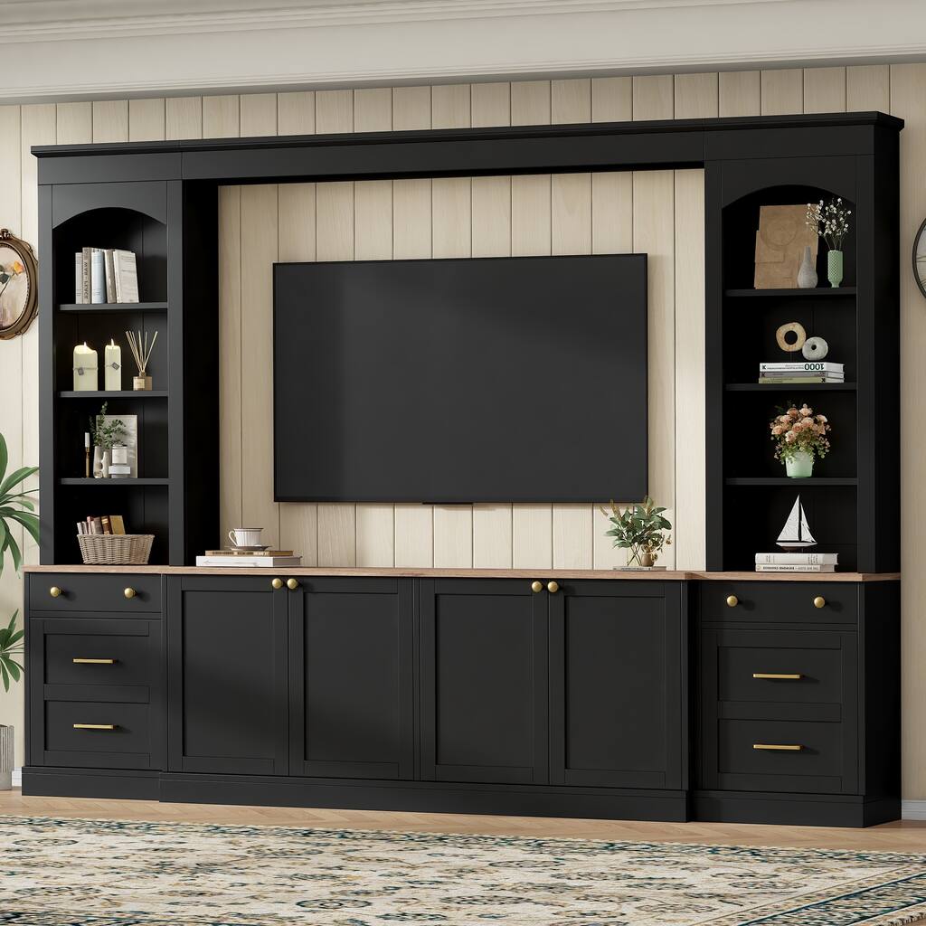 106-Inch Farmhouse Arched Entertainment Center Wall Unit with Bookshelf ...