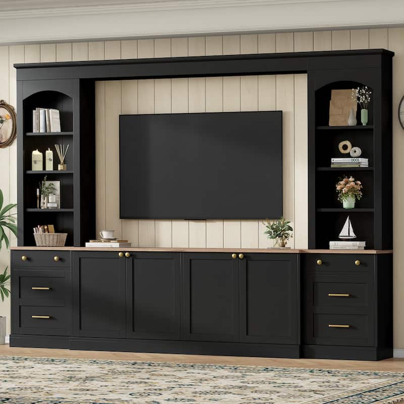 Farmhouse Arched Entertainment Center Wall Unit with Bookshelf,for TVs Up to 70",106"Multi-Functional Media Console with Drawer - Black