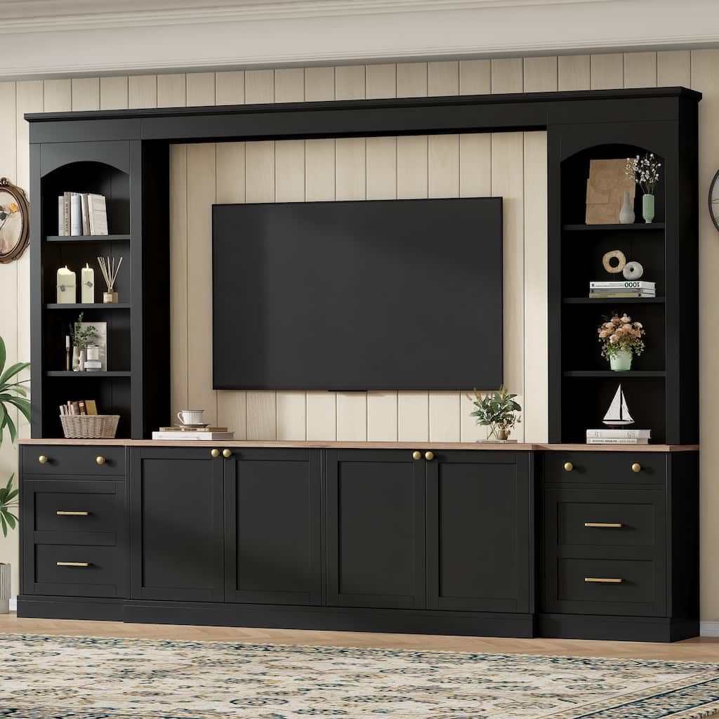 Farmhouse Arched Entertainment Center Wall Unit with Bookshelf,for TVs Up to 70",106"Multi-Functional Media Console with Drawer