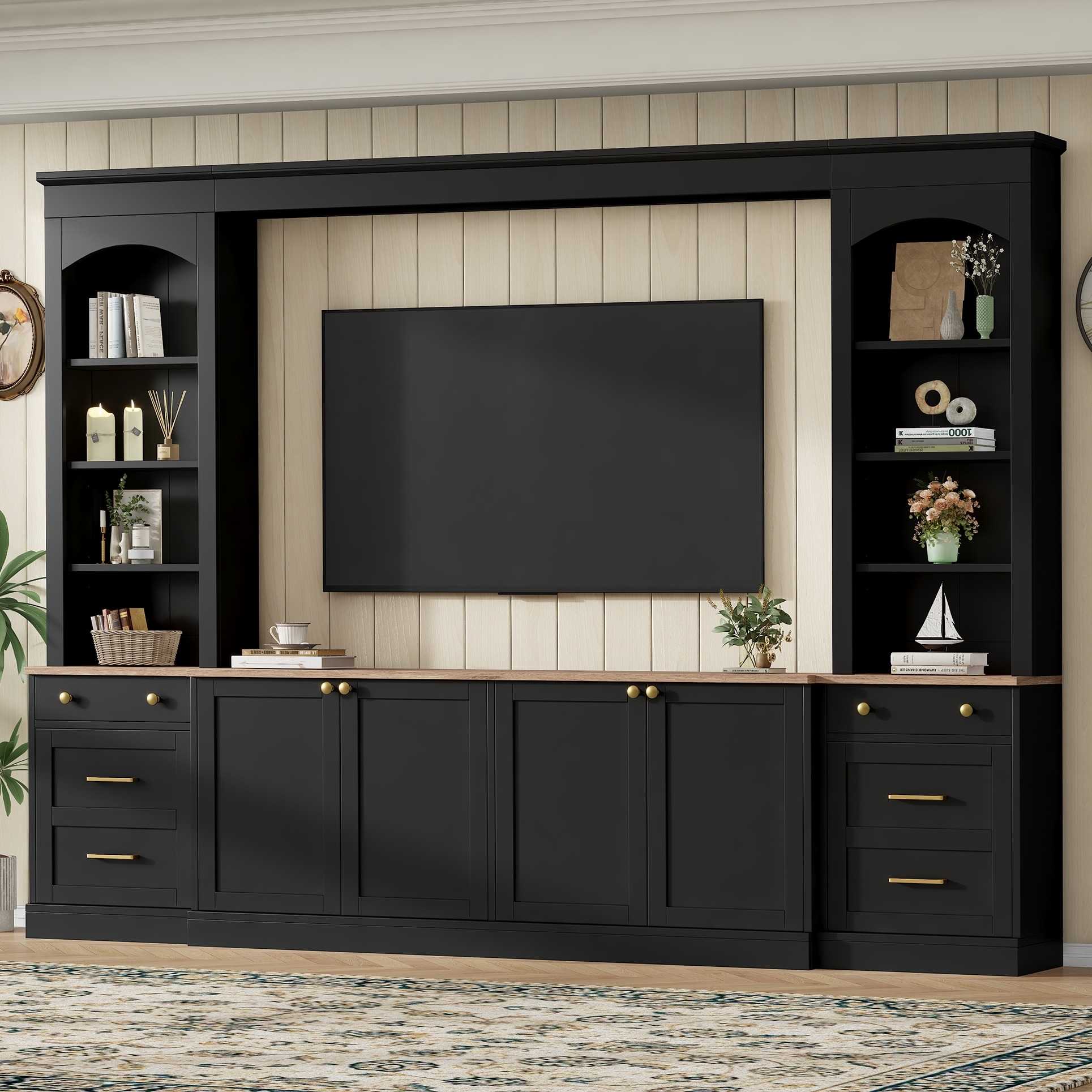 Farmhouse Entertainment Center Wall Unit with Arched Bookshelf, Media Console TV Stand for TVs Up to 70"