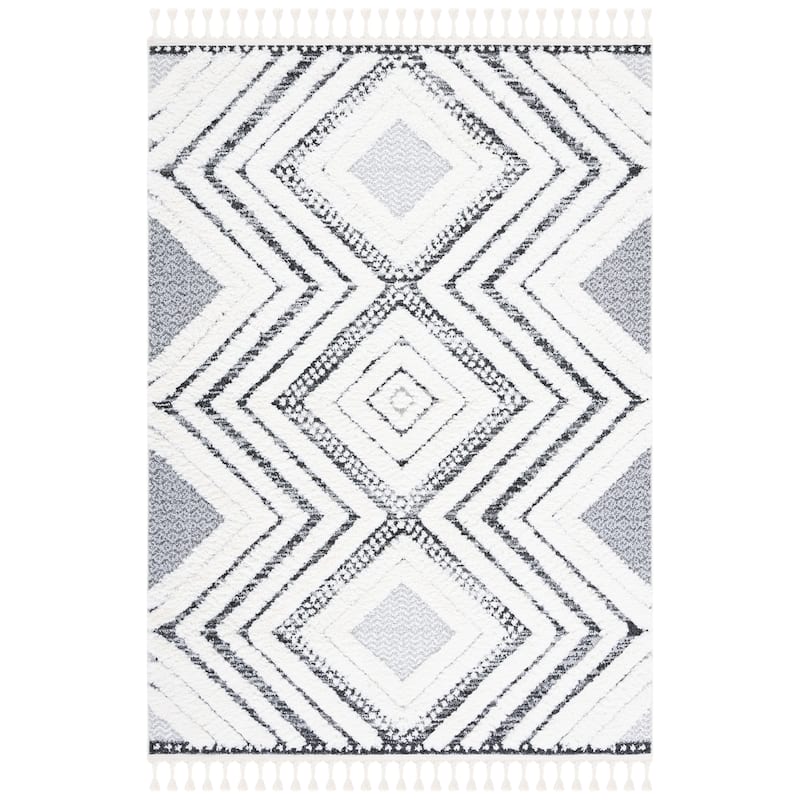 SAFAVIEH Moroccan Tassel Shag Selvije 2-inch Thick Rug - 6'7" Square - Ivory/Grey