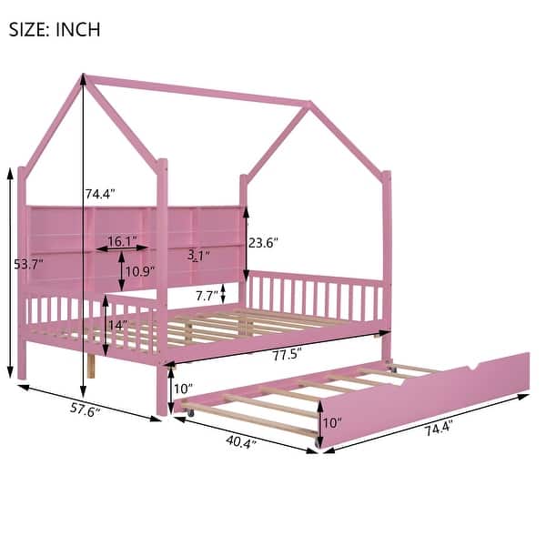 dimension image slide 2 of 3, Wooden Full Size House Bed with Trundle,Kids Bed with Shelf, Gray