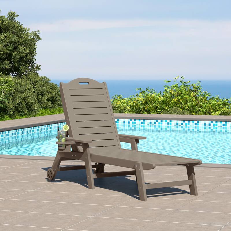 Brighton Outdoor Poly Reclining Chaise Lounge with Wheels & Cup Holder
