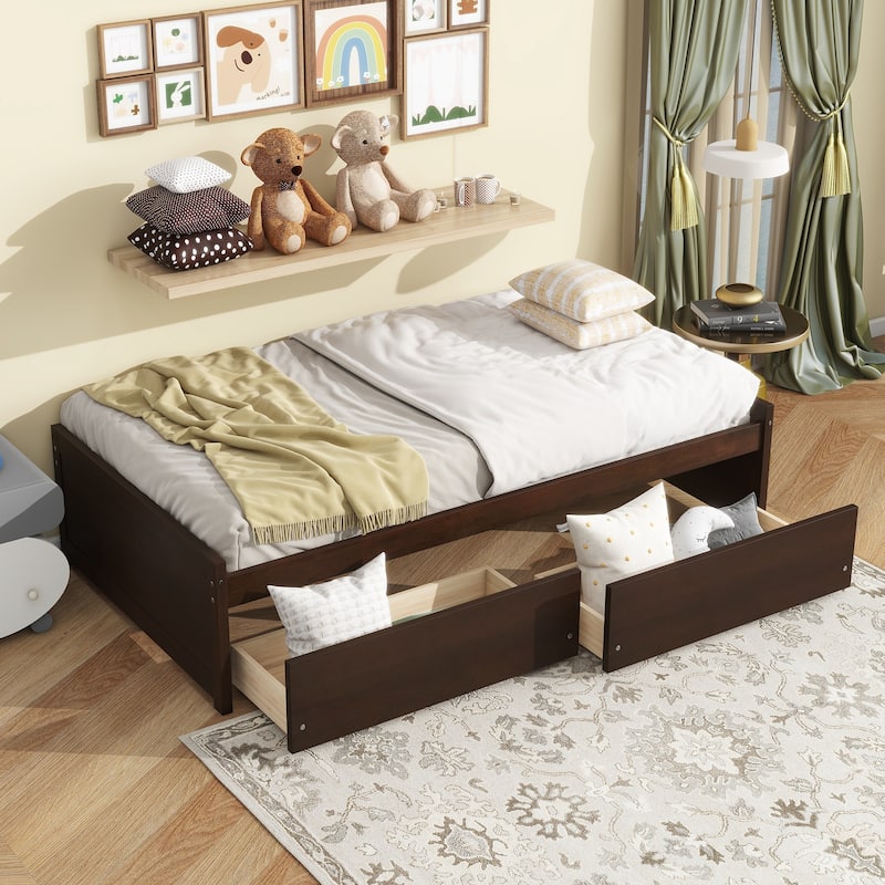 Twin Size Bed with 2 Drawers, Solid Rubber Wood Bed - Espresso
