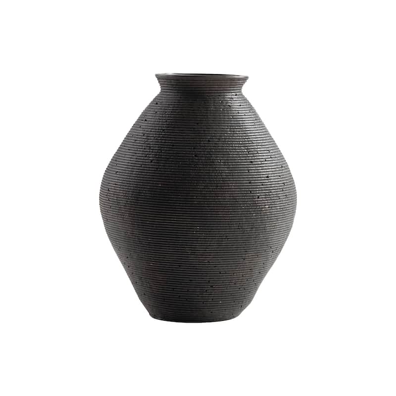 Dale 12 Inch Round Polyresin Vase, Wavy Ribbed Spiral Texture Antique Brown - Brown