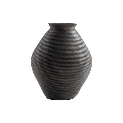 Dale 12 Inch Round Polyresin Vase, Wavy Ribbed Spiral Texture Antique Brown