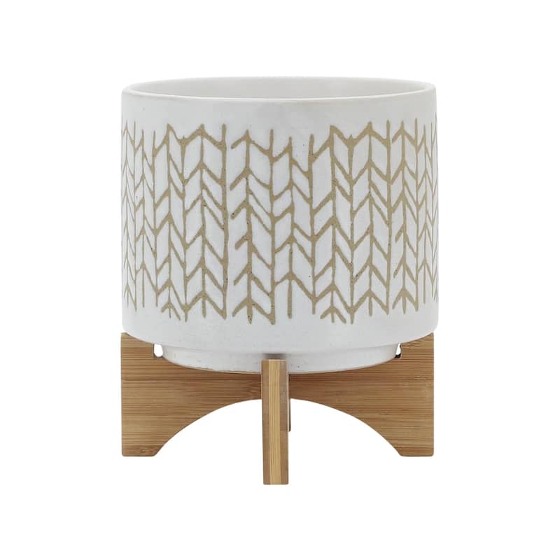 8" Planter with Wood Stand, Beige