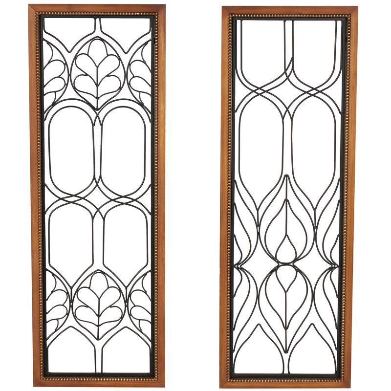 Black Metal Wire Cutout Geometric Home Wall Decor with Beaded Accents and Brown Wood Frames (Set of 2)