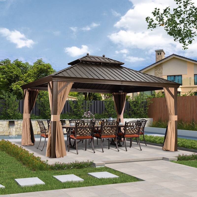 PURPLE LEAF Outdoor Gazebo Aluminum Frame Galvanized Steel Hardtop Gazebo - 12' x 14' - Beige