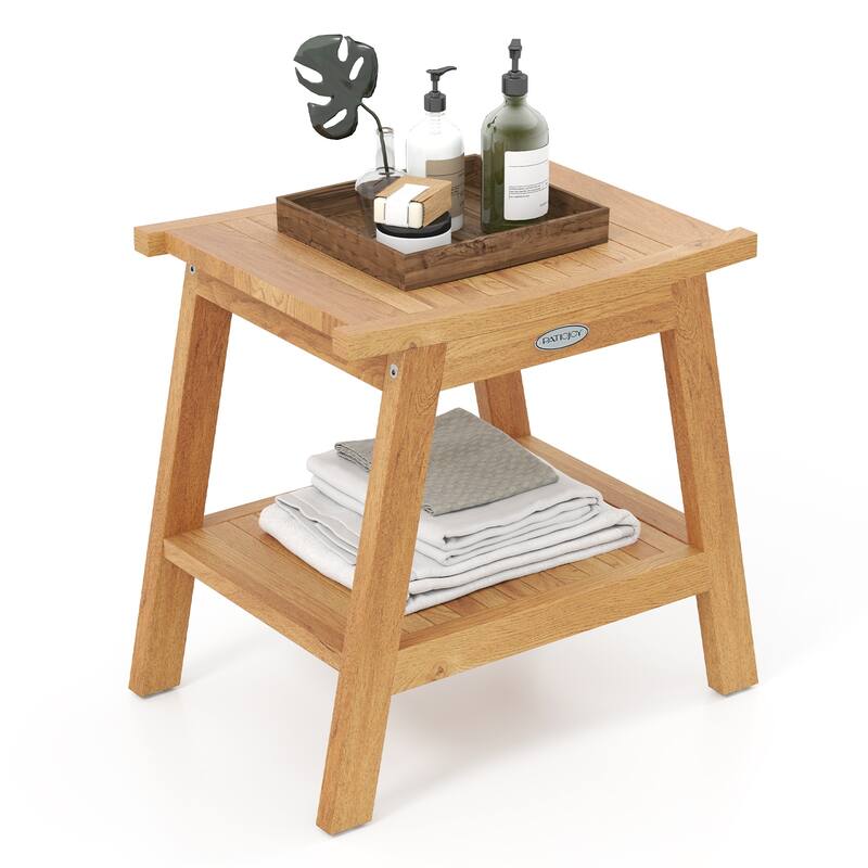 Gymax 20'' Teak Wood Shower Bench w/ Storage Shelf Adjustable & - Brown - Natural Finish