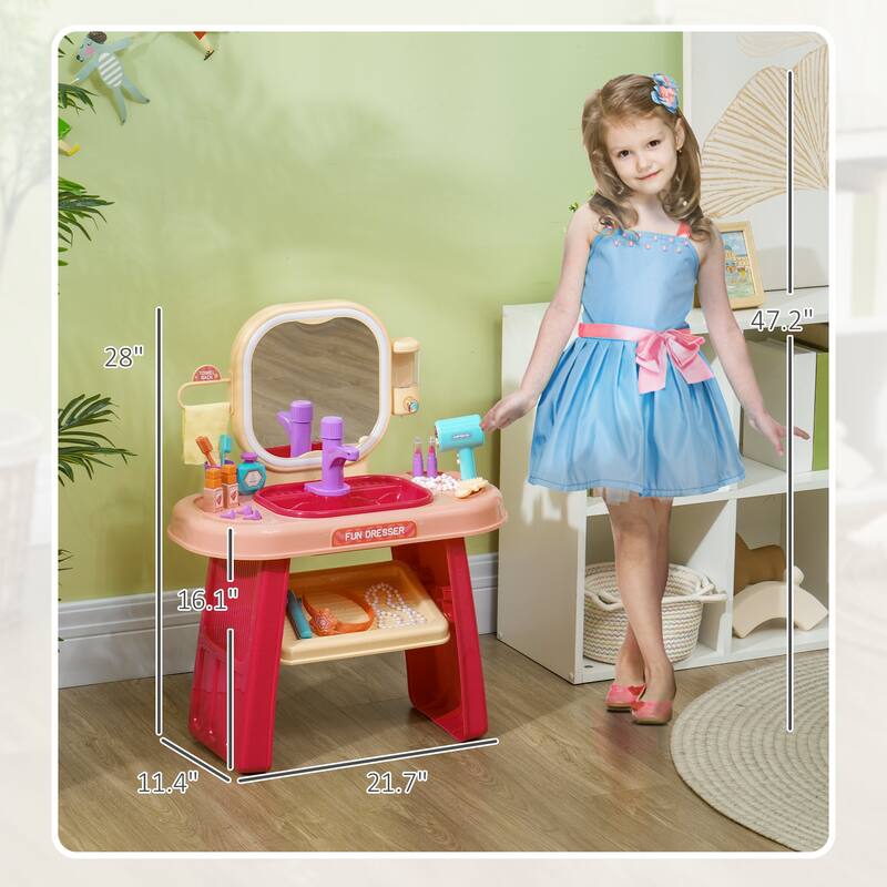 Kids Vanity Set with LED Mirror Interactive Sink and Music Faucet Pretend Play for Ages 3 to 6 - 21.7" L x 11.4" W x 28" H - Red