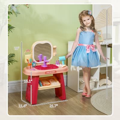 Kids Vanity Set with LED Mirror Interactive Sink and Music Faucet Pretend Play for Ages 3 to 6 - 21.7" L x 11.4" W x 28" H