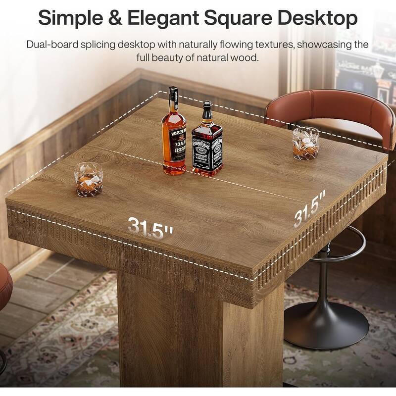 Square Bar Table, 37.4"H Wooden Bistro Pub Table with Metal Footrest for Small Bars, Kitchen Nook