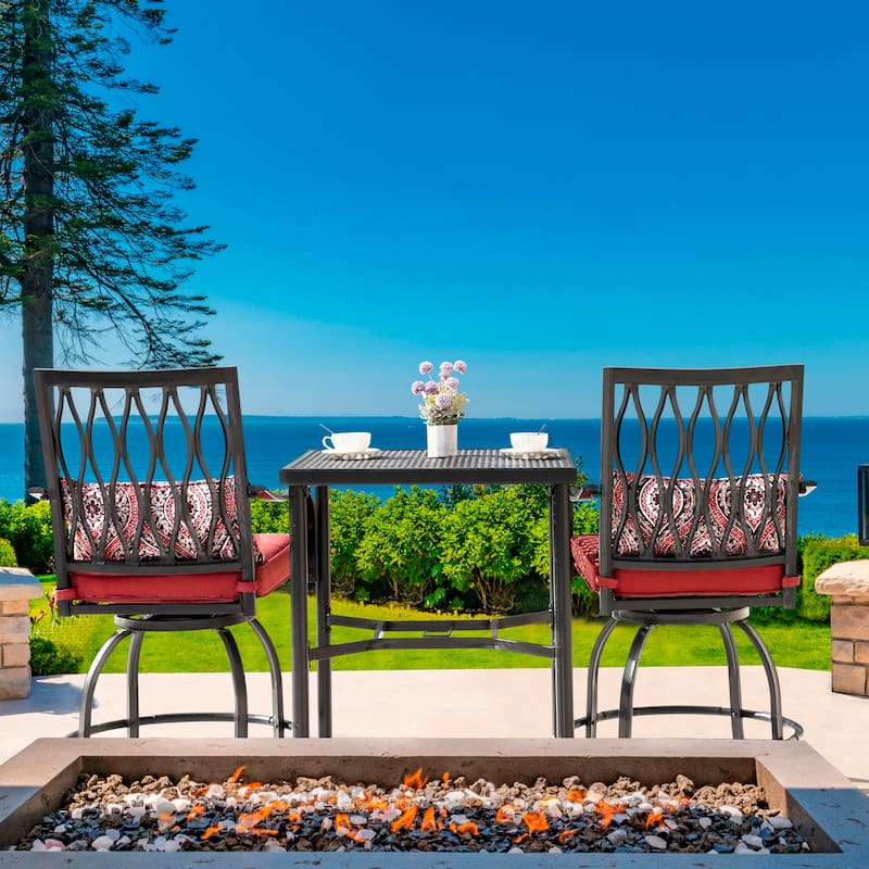 Outdoor 3-Piece Metal Bar Set, Swivel Bar Stools with Cushions and Pillows