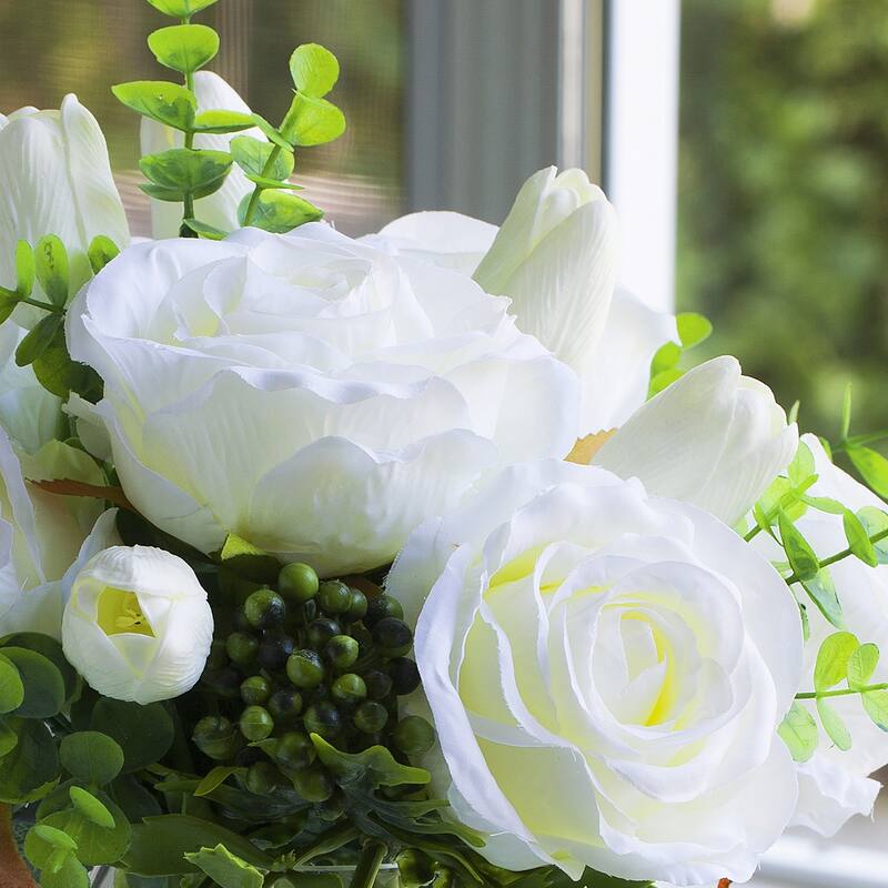Enova Home Artificial Cream Real Touch Tulips and Roses Fake Silk Flowers Arrangement in Clear Glass Vase for Home Decoration