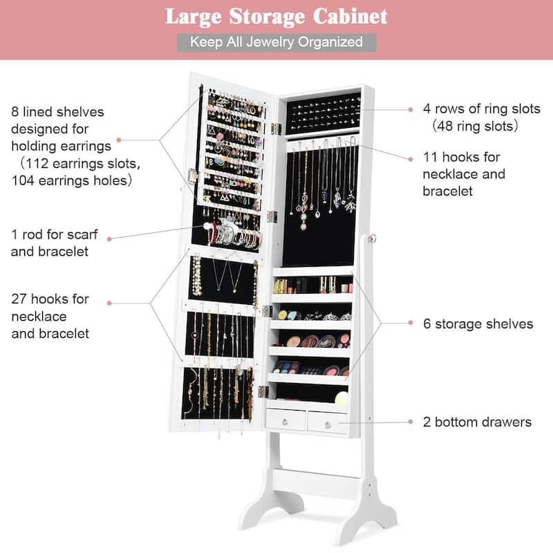 Mirrored Jewelry Storage Cabinet with Drawers and Hooks - 18" x 14.5" x 61.5"