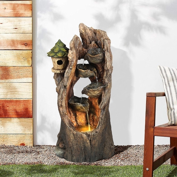 Brown Resin Hollow Tree and Birdhouse Outdoor Fountain