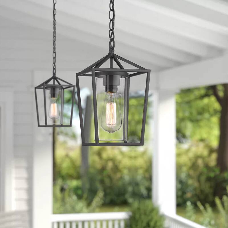 1-light Black Metal With Glass Shade Outdoor Hanging Pendant Light
