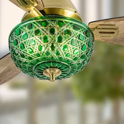 Izzy River of Goods 3-blade 42-inch Modern Indoor Ceiling Fan with Green Hand-Cut Glass Shade and Remote Control