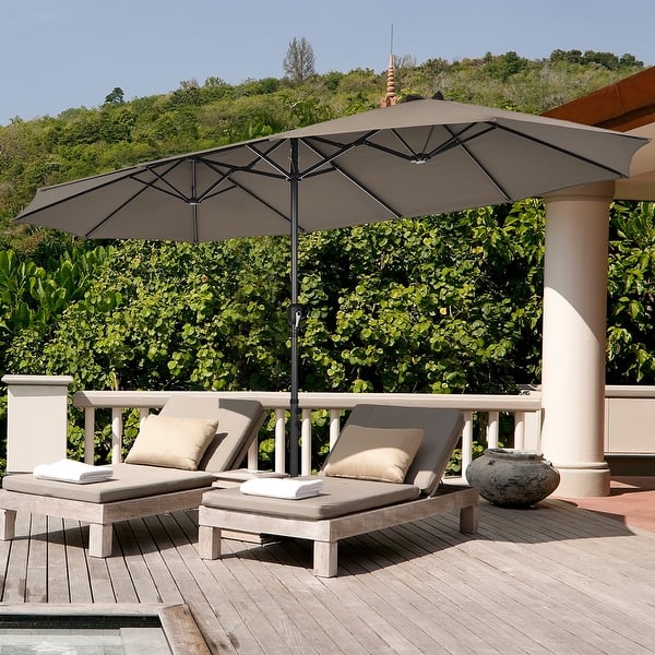 15x9 patio umbrella with base Garvee 15' x 9' Double-Sided Patio Umbrella with Solar LED Lights, Cra