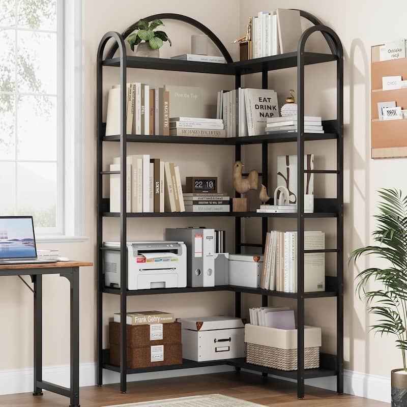 5-Tier L-Shaped Corner Bookshelf, Freestanding Storage Display Shelf for Living Room - N/A - Black