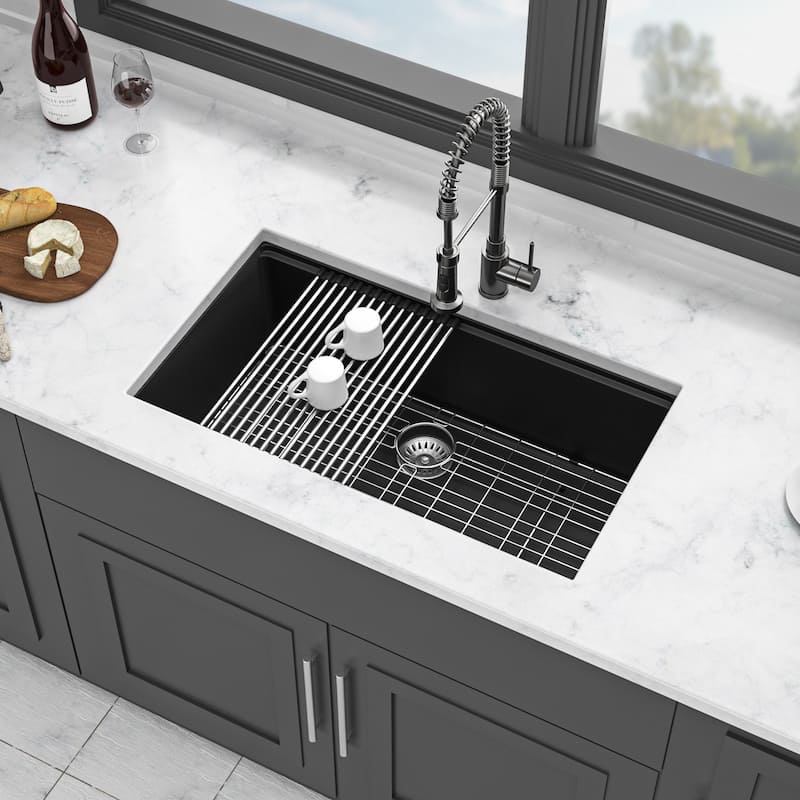 Undermount Single Bowl Quartz Kitchen Sink in Black