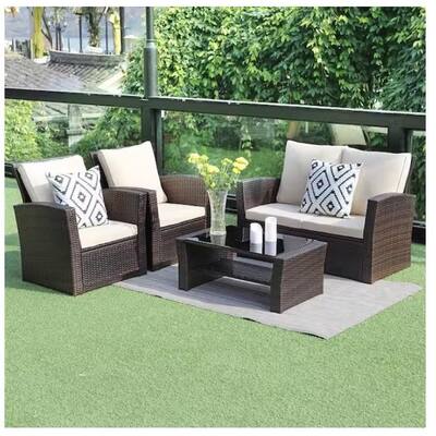 4-Piece Outdoor Wicker Patio Conversation Furniture Set Bar Set