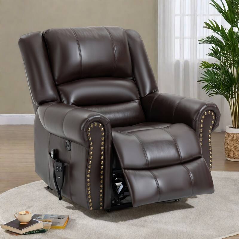 Electric Lift Recliner with Dual Motors, Massage and Heat, USB Charging and Storage - Antique brown