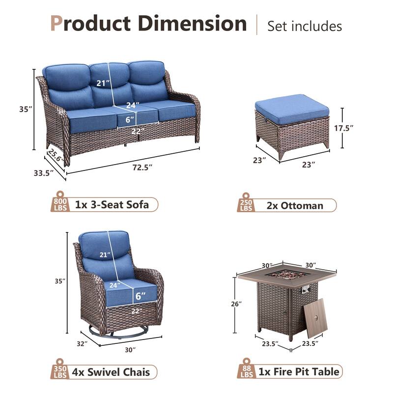 Pocassy 8 Pieces Outdoor 6" Sofa Swivel Chair Ottoman with Fire Pit Table