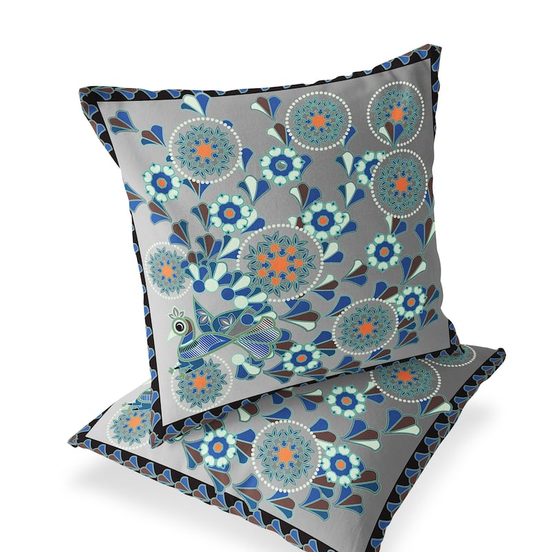 HomeRoots Set of Two 16" X 16" Gray and Orange Peacock Blown Seam Floral Indoor Outdoor Throw Pillow - 16.00' X '16.00' X '5.00