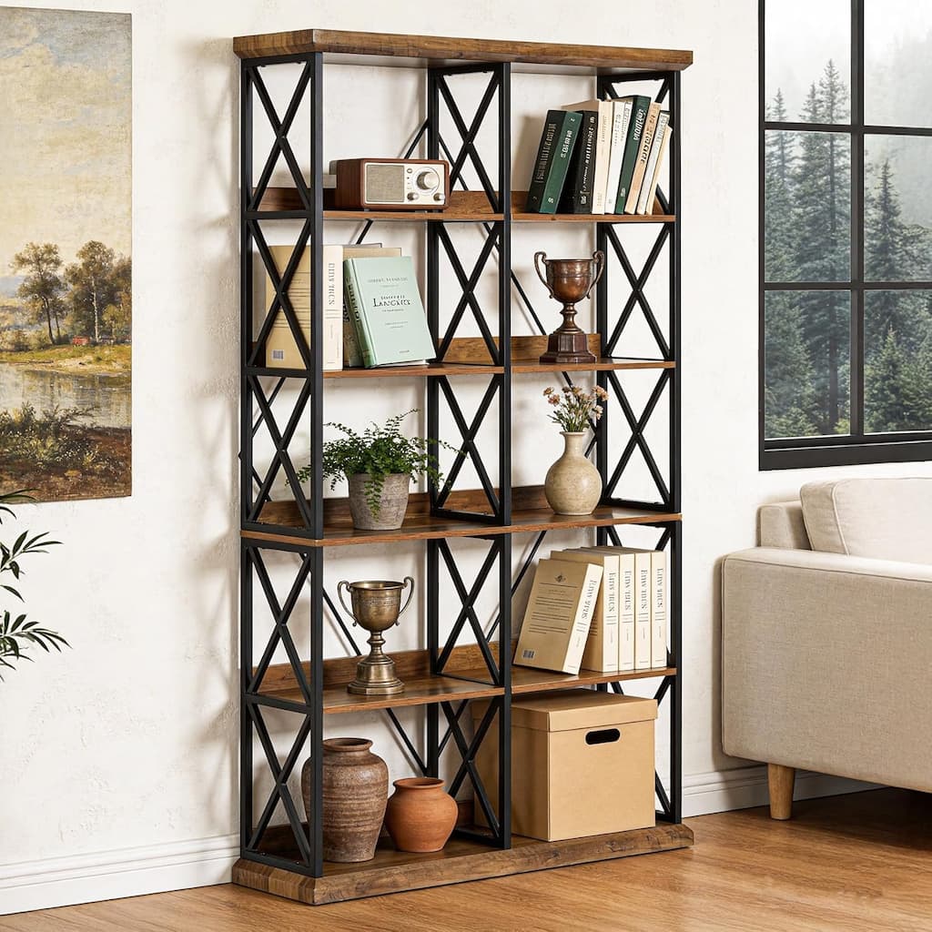 75" Tall Industrial Bookshelf, 6-Tier Wide Wooden Bookcase with 12 Shelves - 47.2" W x 11.8" D x 75" H