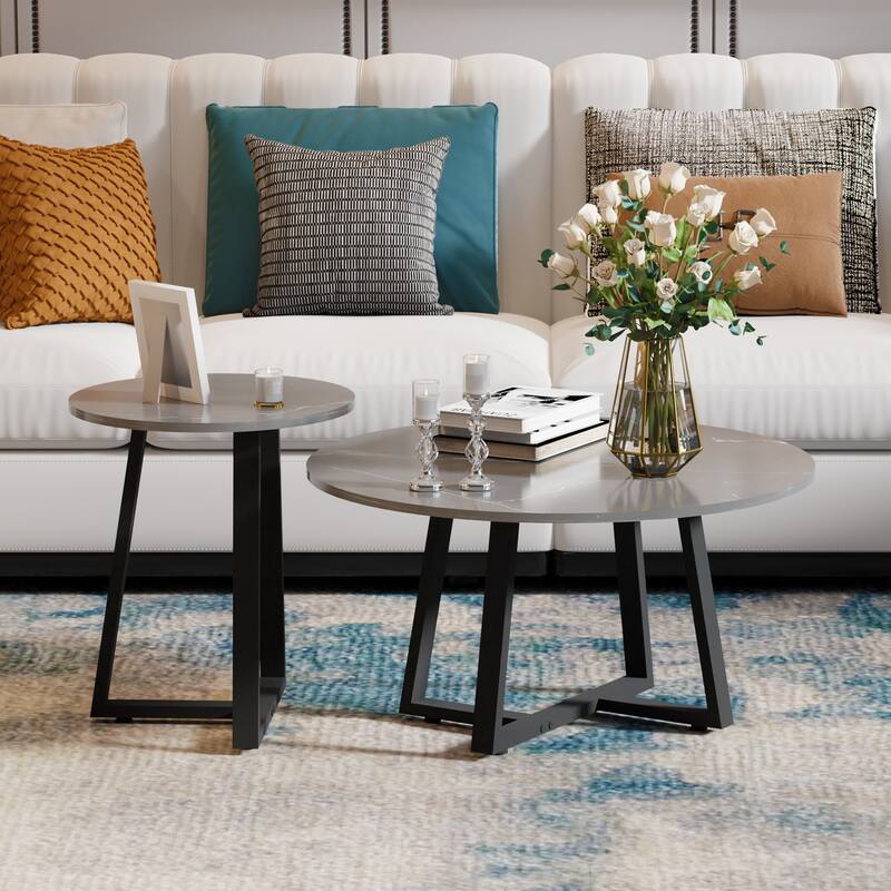 Set of 2 Round Sofa Side End Table Sintered Stone Nesting Coffee Table