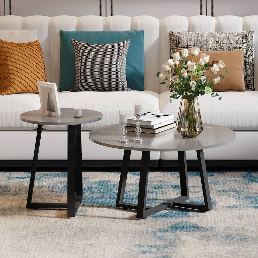 Set of 2 Round Sofa Side End Table Sintered Stone Nesting Coffee Table