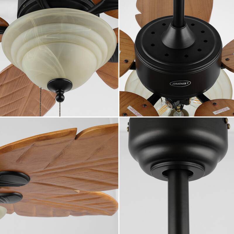 Owen 52" 3-Light Coastal Bohemian Iron/Wood Palm Leaf LED Ceiling Fan with Pull Chain, by JONATHAN Y