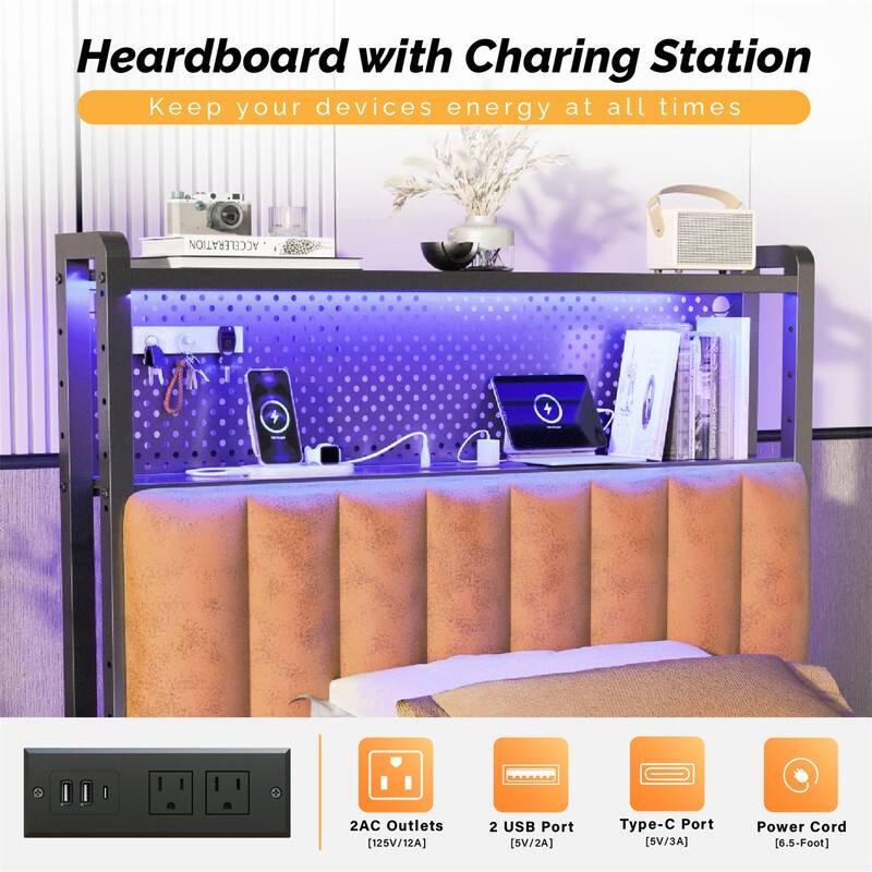 Adjustable Upholstered Headboard with 2 Tier Shelves with Charging Stations and LED Lights, Modern Bed Headboard with Storage
