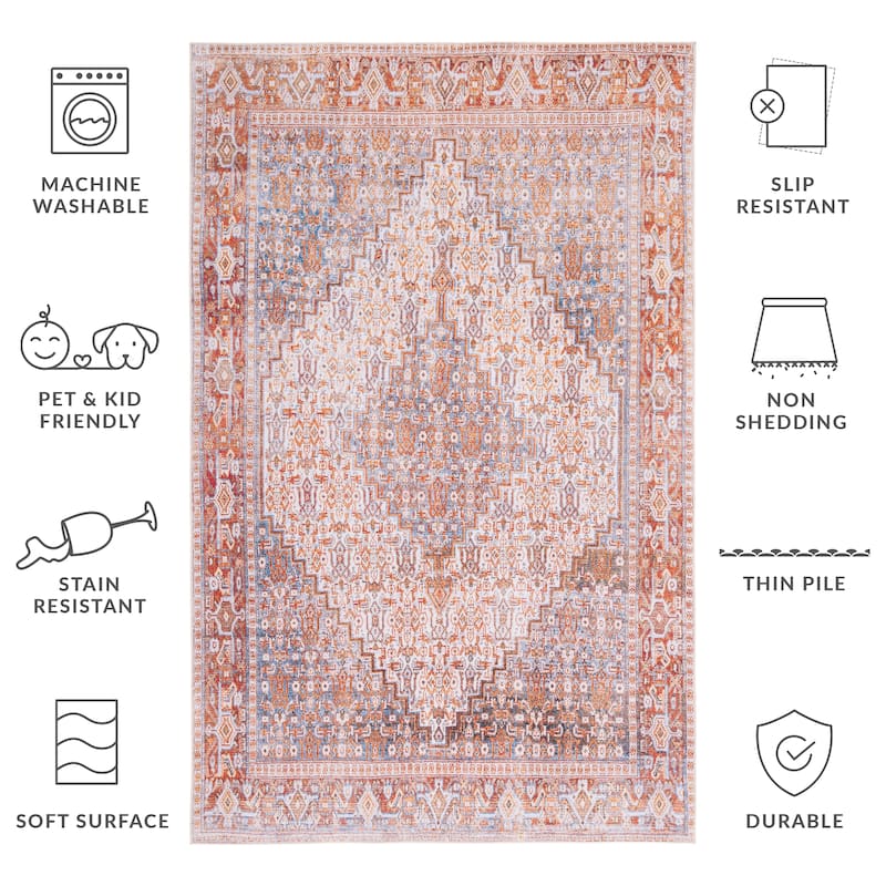 SAFAVIEH Tucson Machine Washable Slip Resistant Zada Traditional Rug - 3' x 5' - Beige/Rust